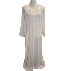 Vintage Natori Robe Long White Lace Applique Sheer Satin Trim - Size Small